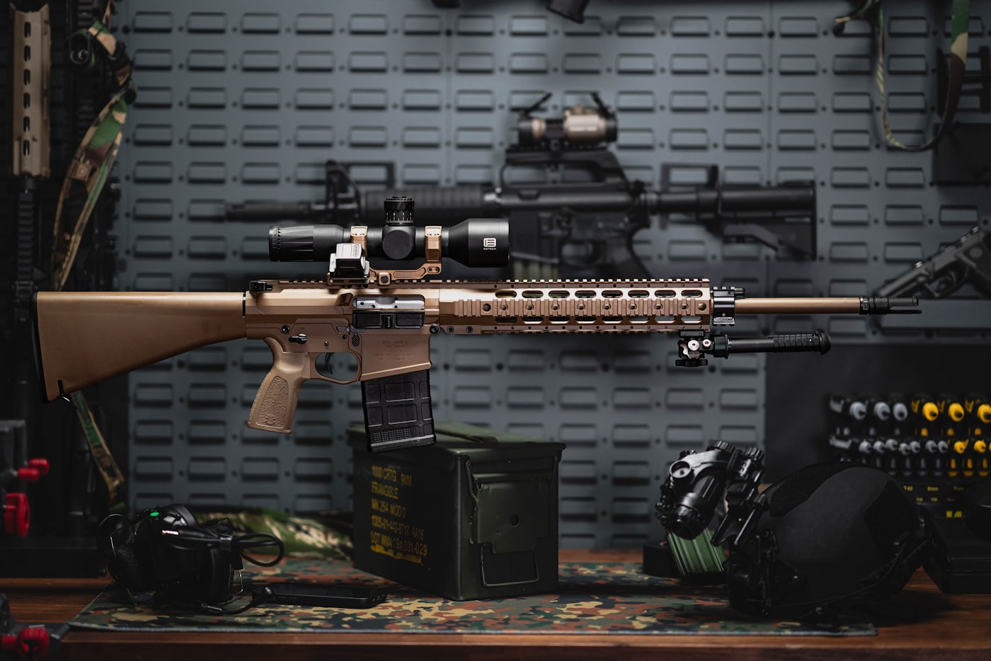 Firearms displayed on a shop wall